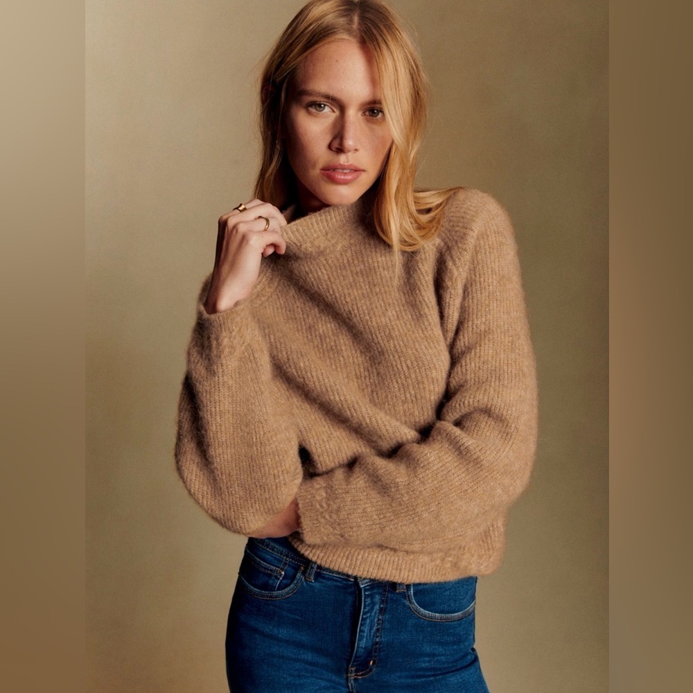 Sezane Tan Cowl Neck Mohair Blend Sweater